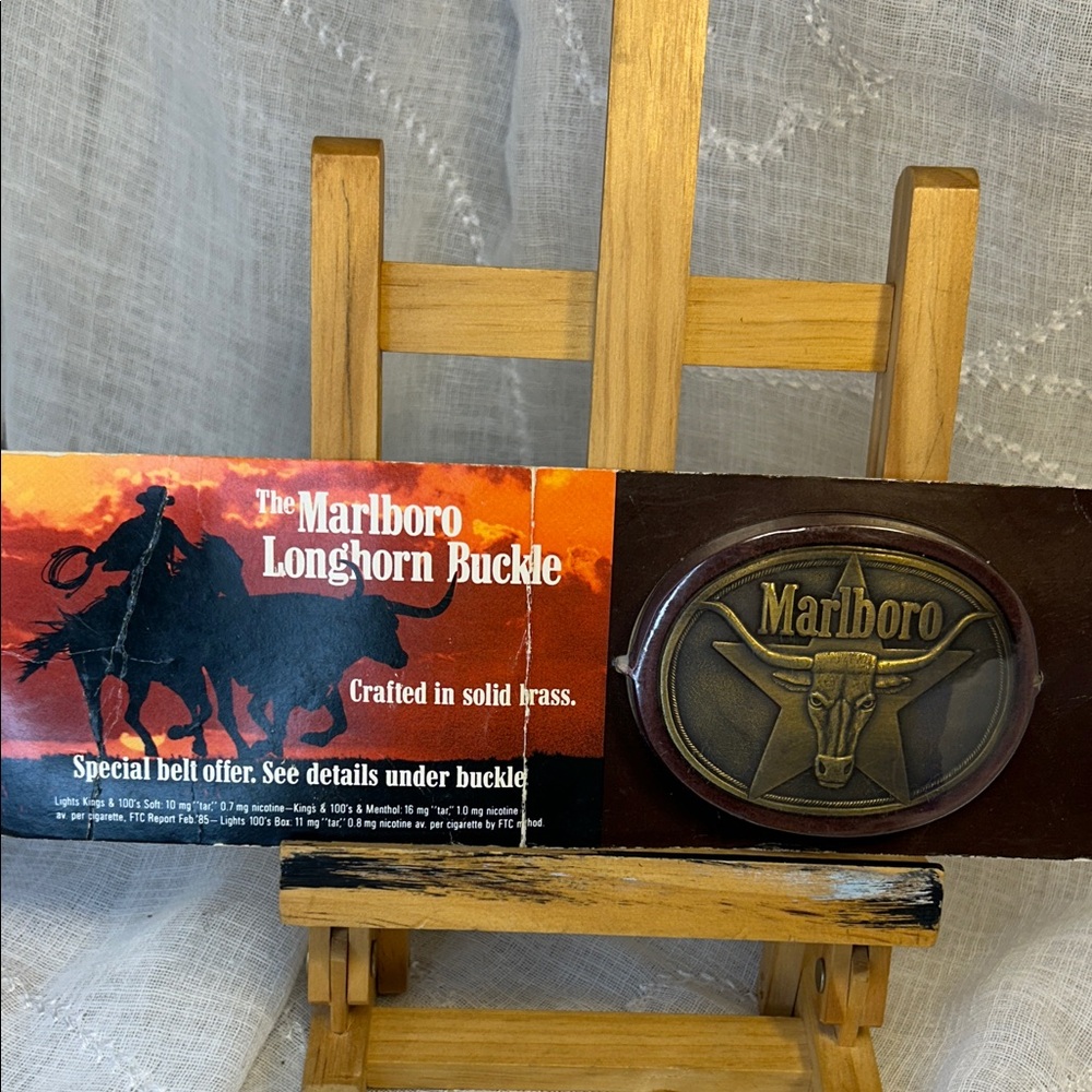 New in Package Marlboro solid brass long horn belt buckle dark